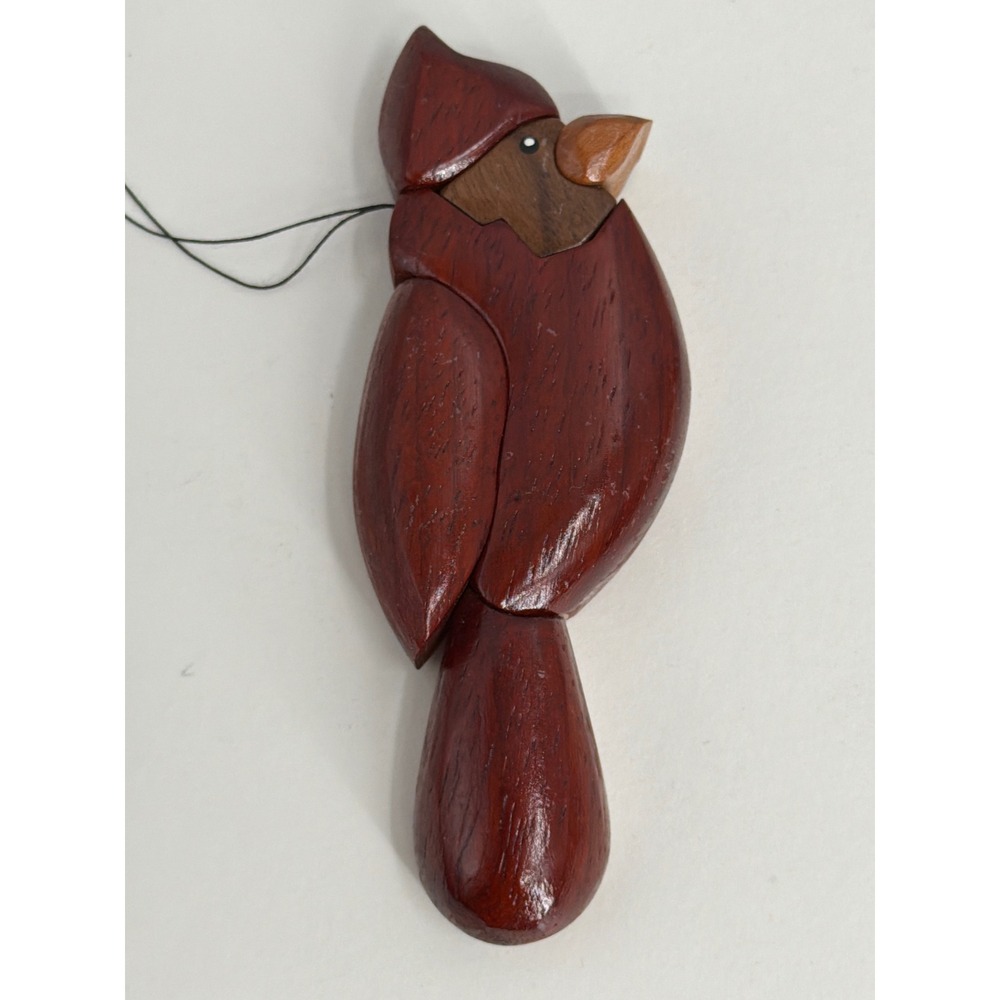 Handmade Wooden Cardinal Ornament Intarsia Wood Bird Figurine Red Brown 4.25"
